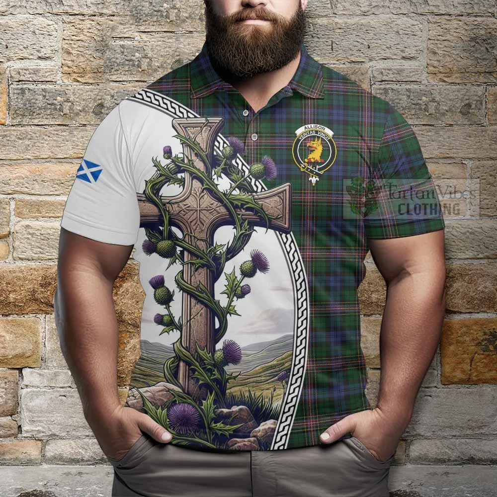 Allison Tartan Polo Shirt with Family Crest and St. Andrew's Cross Accented by Thistle Vines
