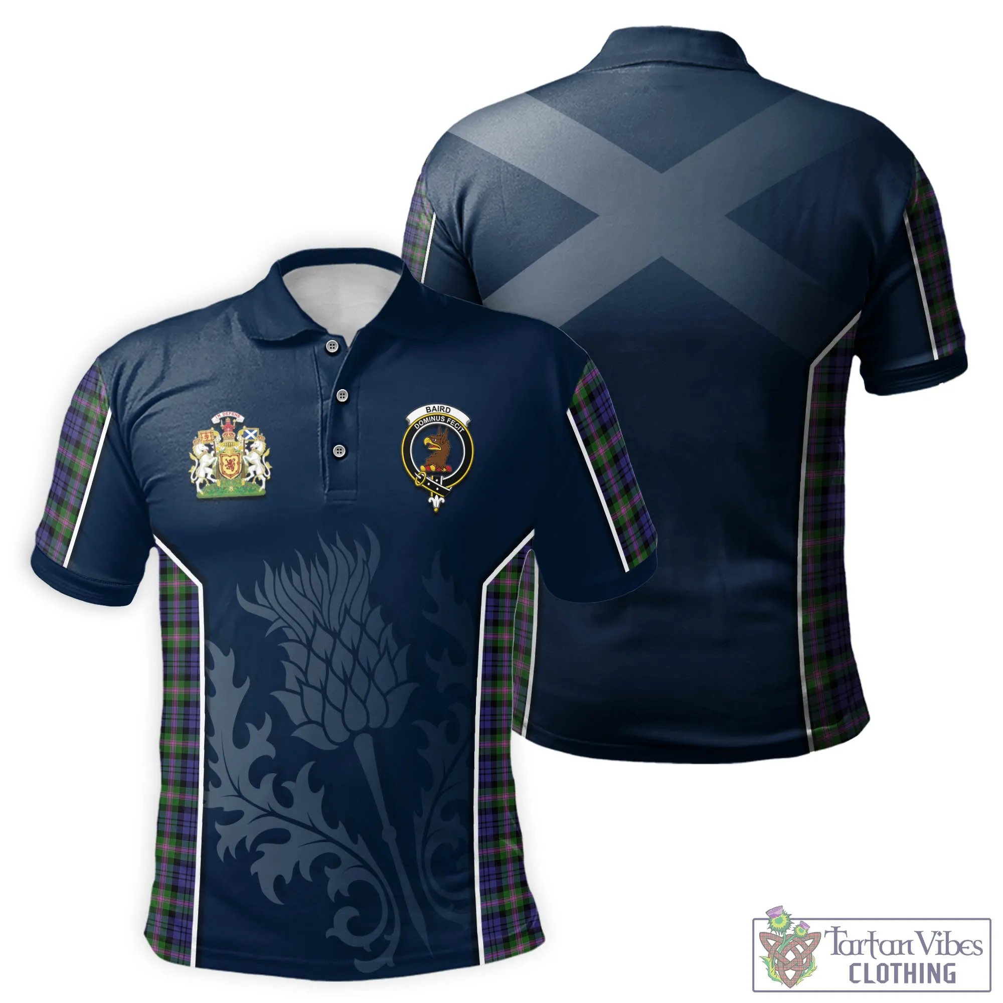 Baird Modern Tartan Men's Polo Shirt with Family Crest and Scottish Thistle Vibes Sport Style