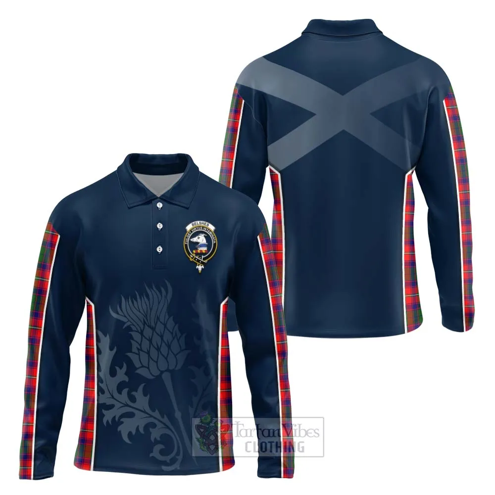 Belshes (Belsches) Tartan Long Sleeve Polo Shirt with Family Crest and Scottish Thistle Vibes Sport Style