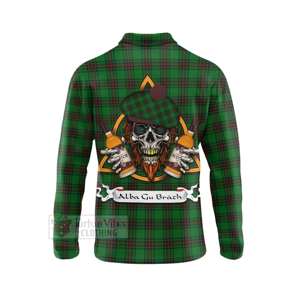 Beveridge Tartan Long Sleeve Polo Shirt with Family Crest and Bearded Skull Holding Bottles of Whiskey