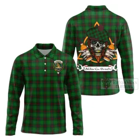 Beveridge Tartan Long Sleeve Polo Shirt with Family Crest and Bearded Skull Holding Bottles of Whiskey