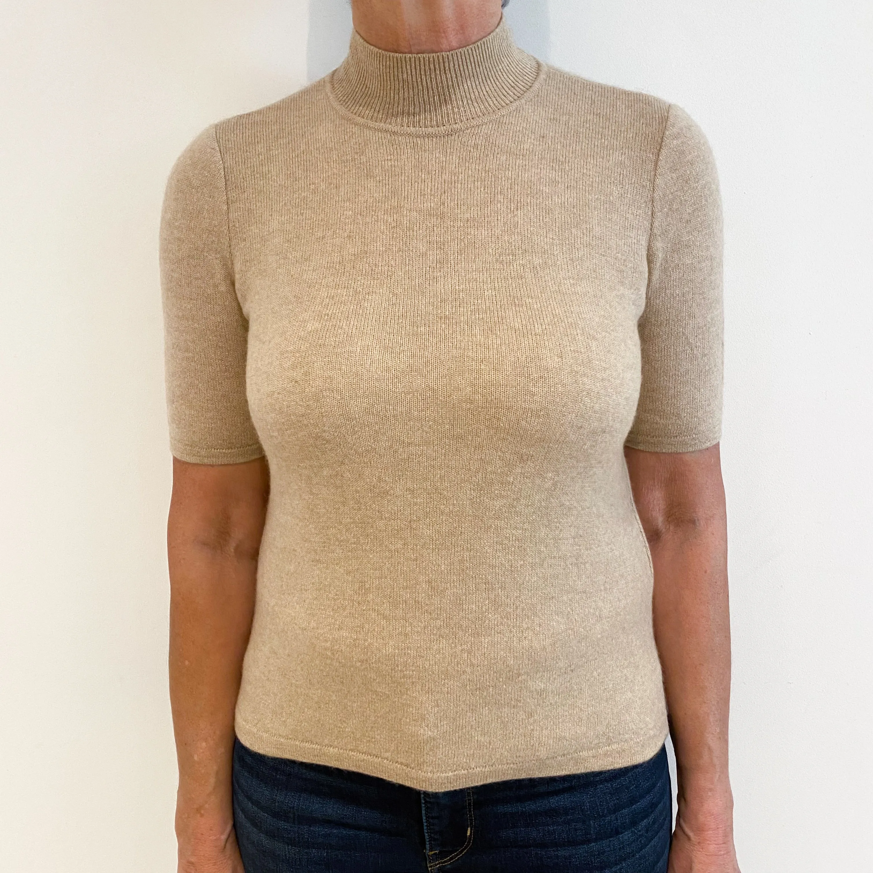 Biscuit Brown Cashmere Short Sleeve Turtle Neck Jumper Medium