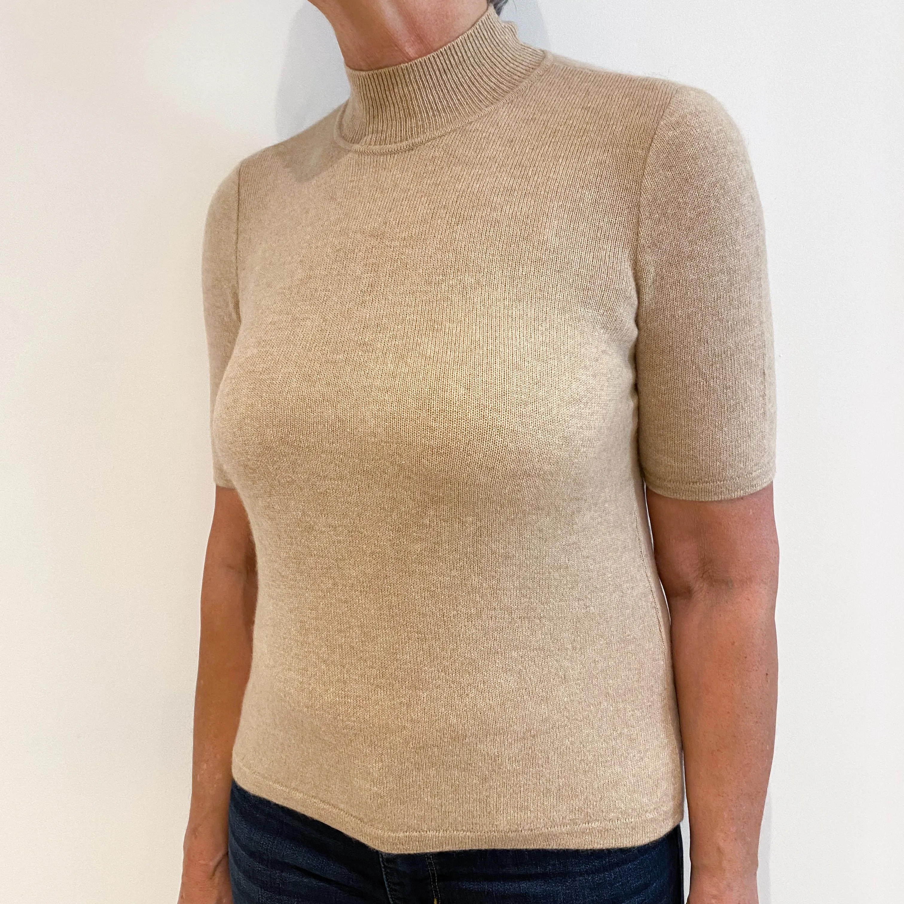 Biscuit Brown Cashmere Short Sleeve Turtle Neck Jumper Medium