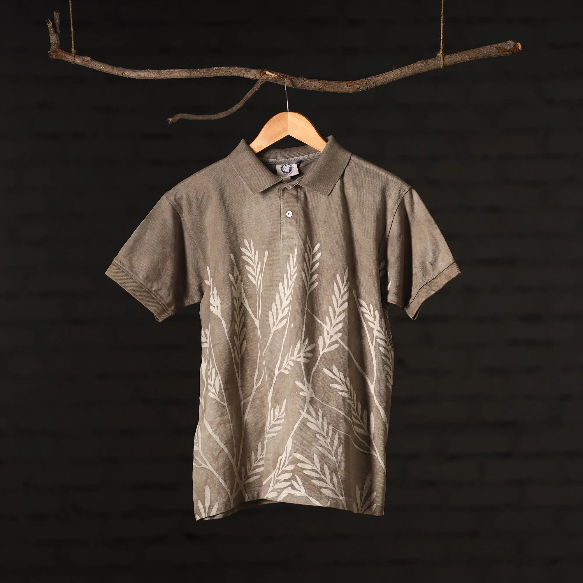 Brown - Bindaas Natural Dyed Art Block Print Polo Collar T-shirt in Pure Cotton