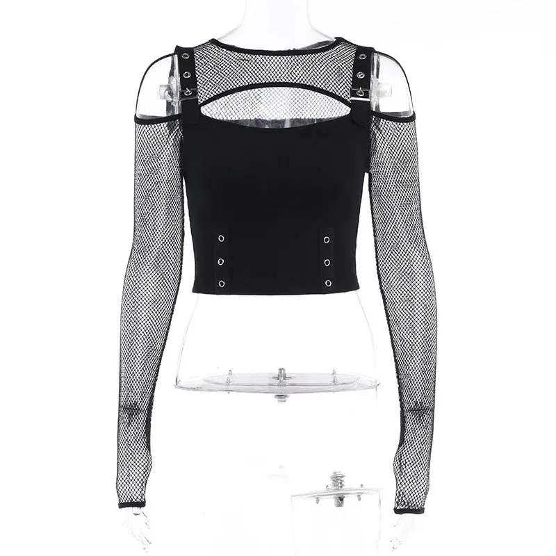 Eclipse Night Cage Crop Top - Dark Punk Style Hot Girl Sexy Slim Off-The-Shoulder long-Sleeved Top Grid T-Shirt