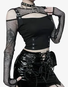 Eclipse Night Cage Crop Top - Dark Punk Style Hot Girl Sexy Slim Off-The-Shoulder long-Sleeved Top Grid T-Shirt