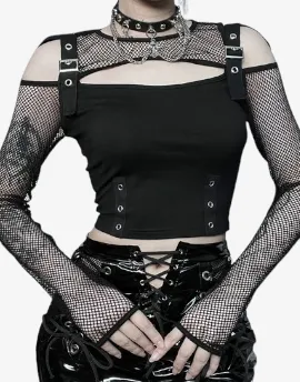 Eclipse Night Cage Crop Top - Dark Punk Style Hot Girl Sexy Slim Off-The-Shoulder long-Sleeved Top Grid T-Shirt