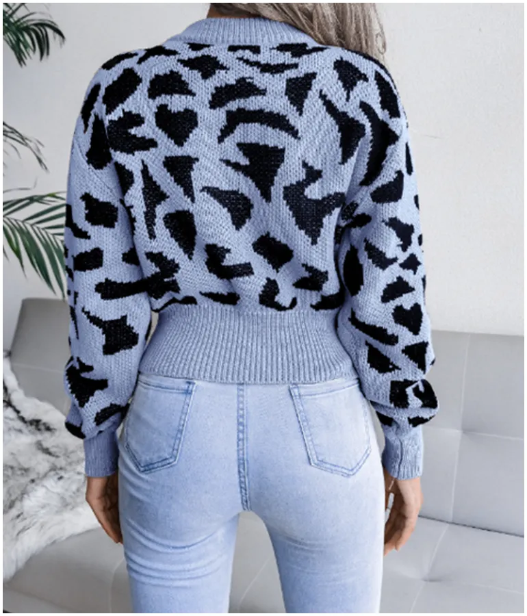 Girl's Leopard Pattern Sweater - Blue