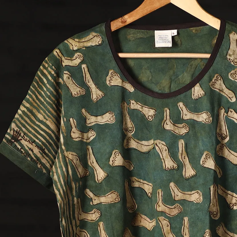 Green - Bindaas Natural Dyed Art Block Print Women Round Neck T-shirt in Pure Cotton