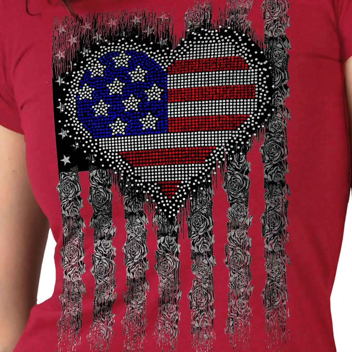 Hot Leathers GLC1558 Ladies Antique Cherry Heart Bling Flag Shirt