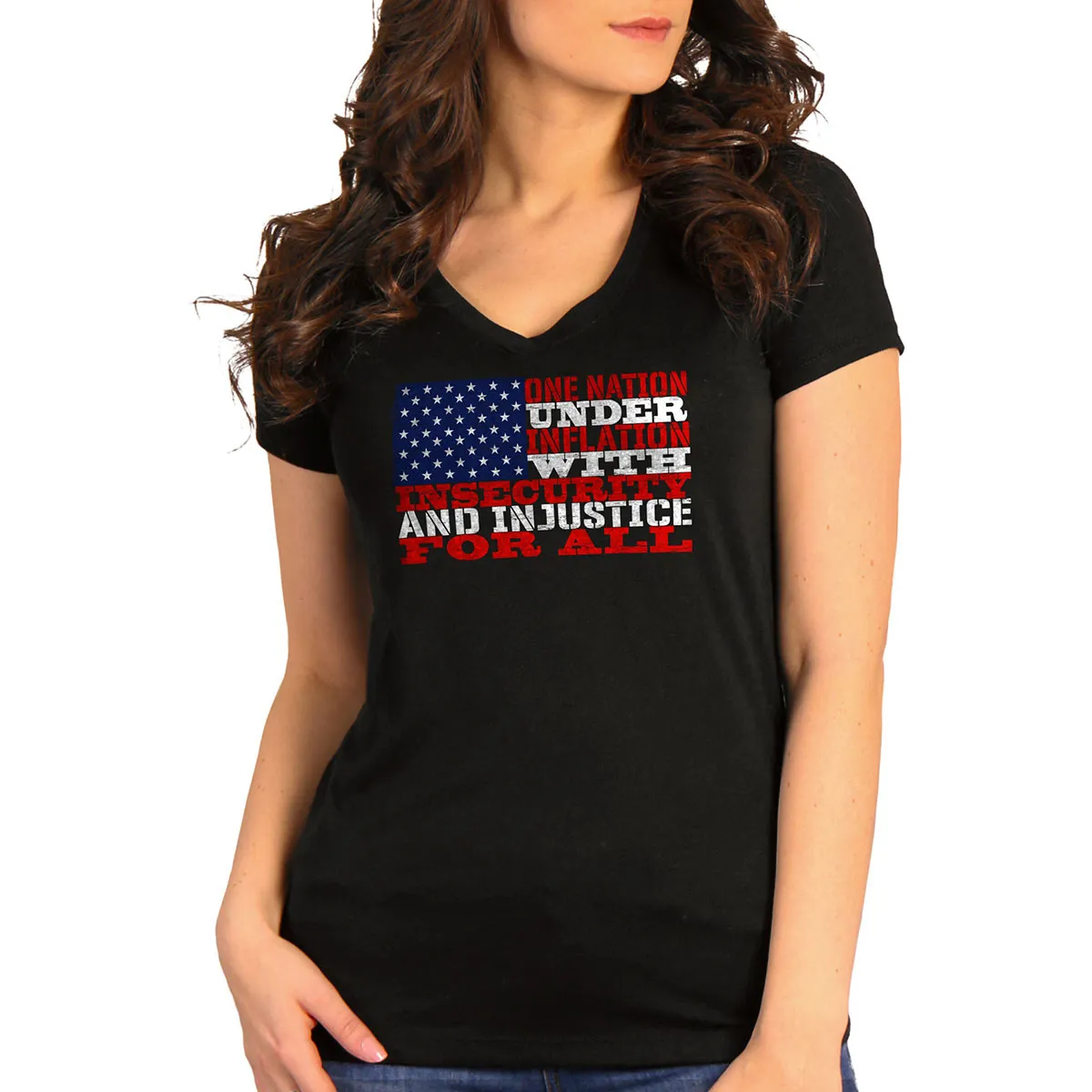 Hot Leathers GLC1570 Ladies Black One Nation Short Sleeve V-Neck