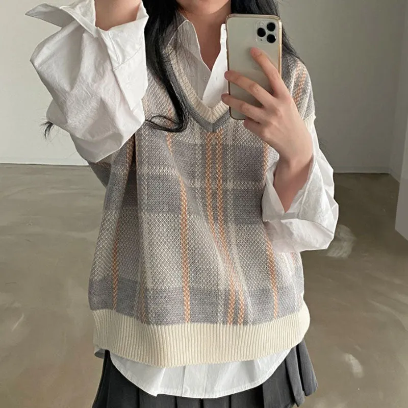 Ivyshape | Checked Sweater Vest with V-Neck for Women