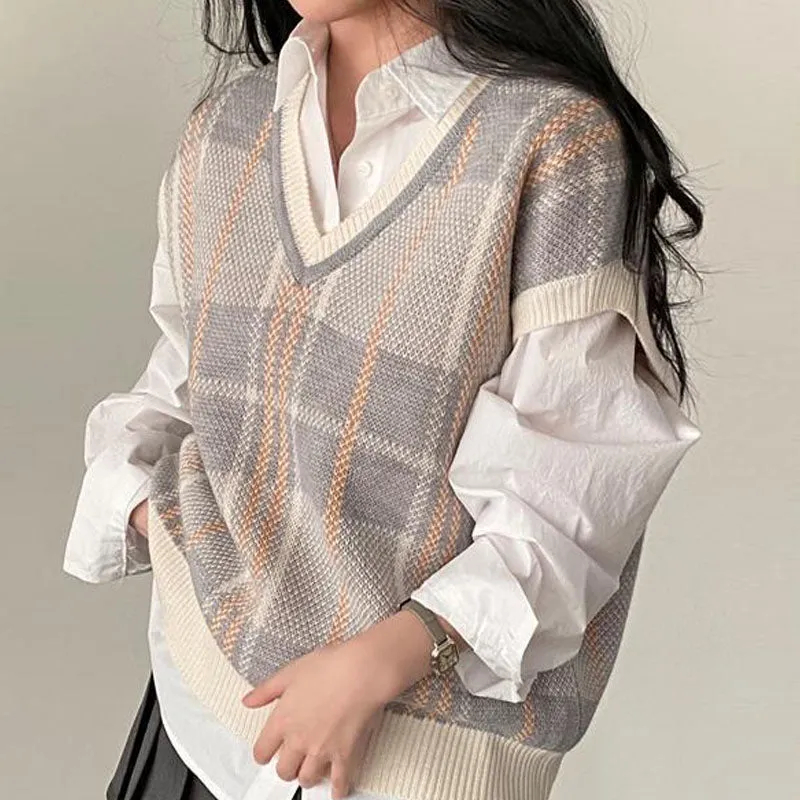 Ivyshape | Checked Sweater Vest with V-Neck for Women