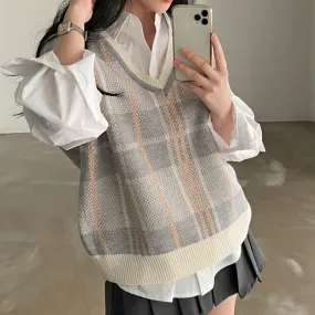 Ivyshape | Checked Sweater Vest with V-Neck for Women