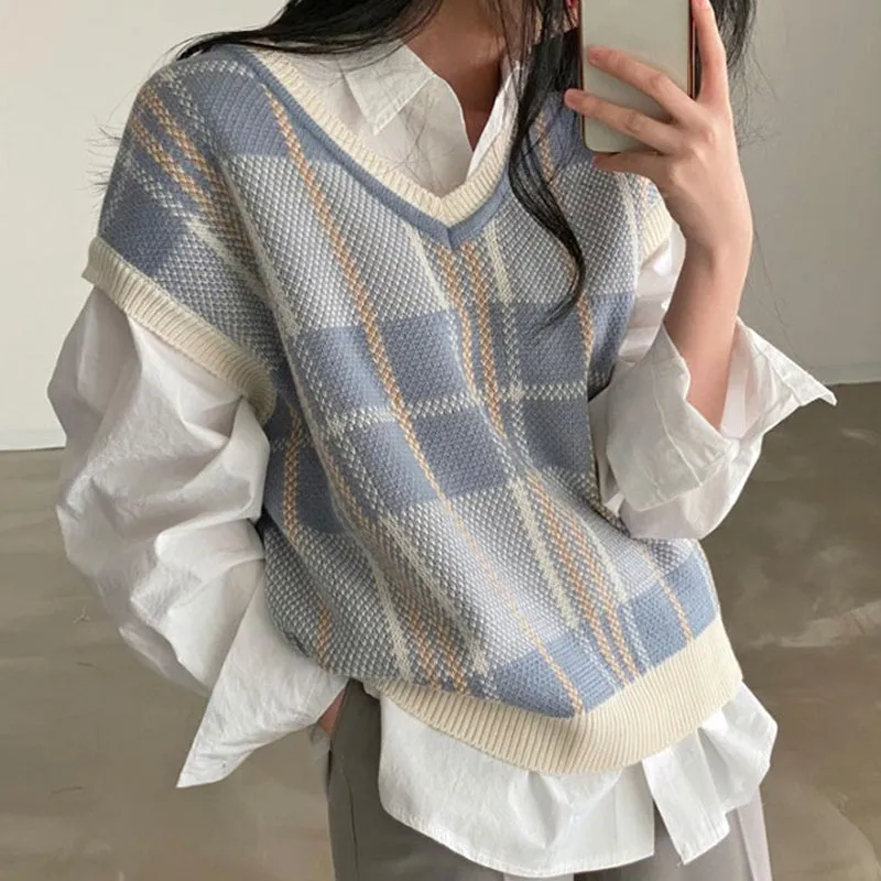 Ivyshape | Checked Sweater Vest with V-Neck for Women