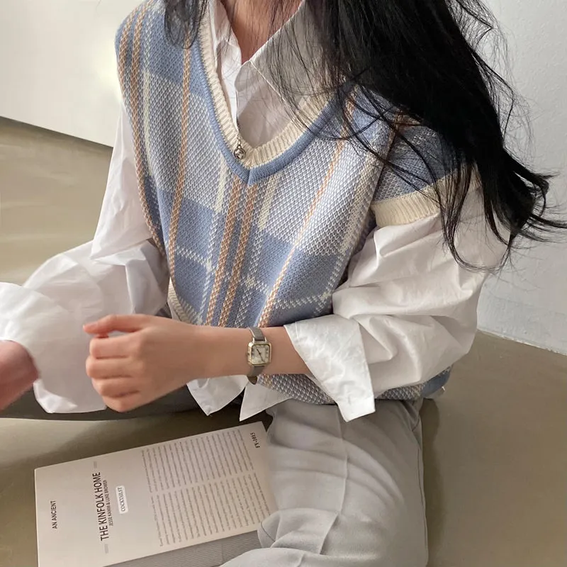 Ivyshape | Checked Sweater Vest with V-Neck for Women