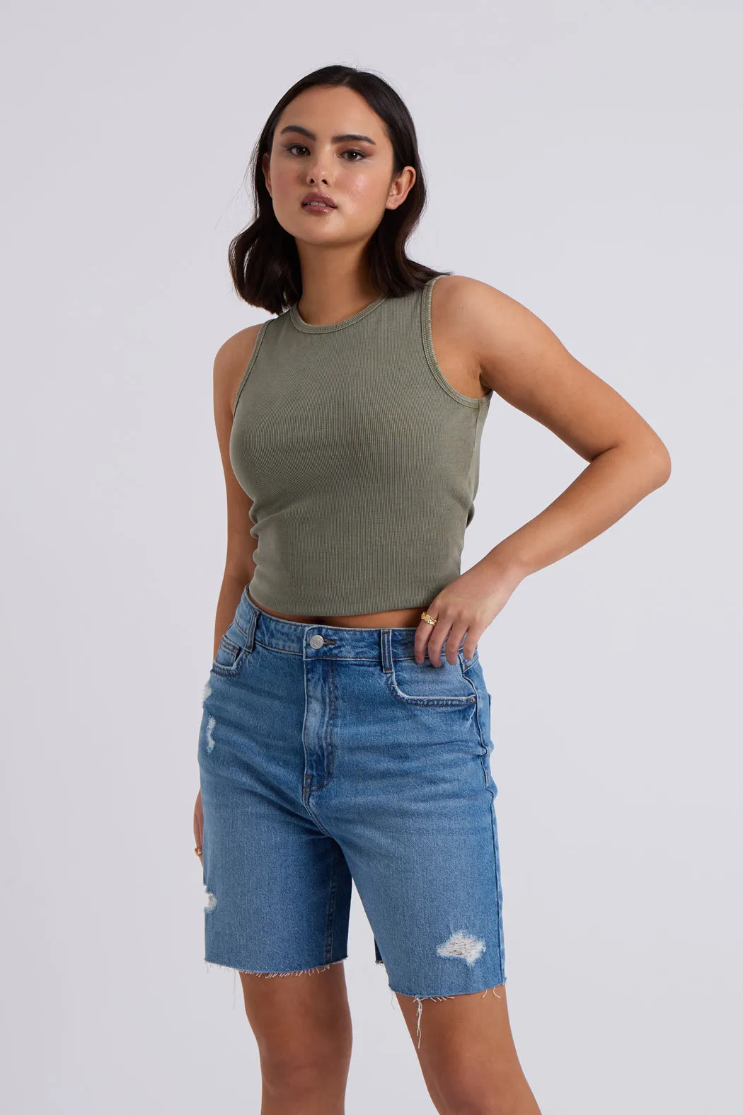 Khaki Washed Ribbed Racer Vest