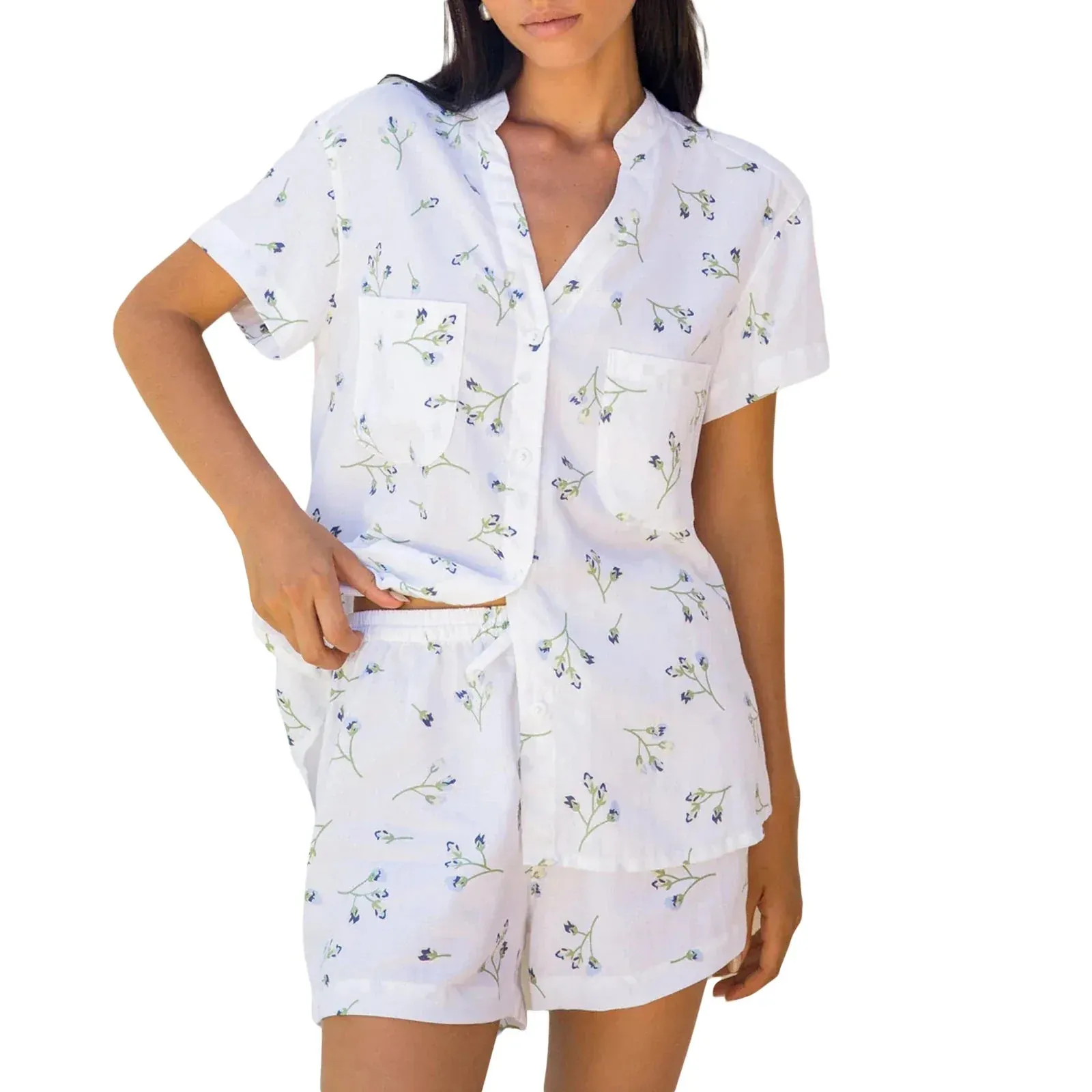 Leaves Print Short Sleeve Button Closure Shirt Shorts Loungewear Flower Pajamas