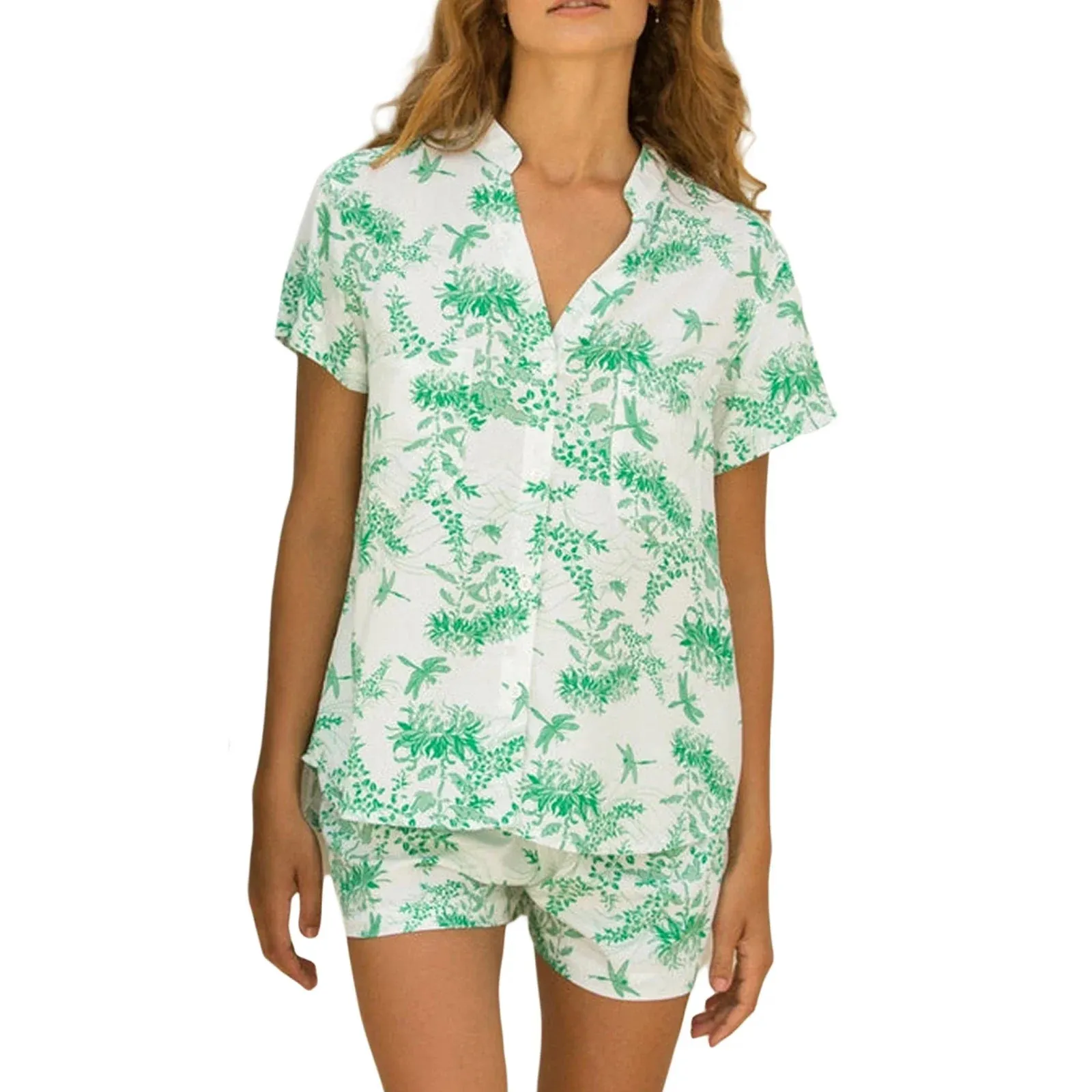 Leaves Print Short Sleeve Button Closure Shirt Shorts Loungewear Flower Pajamas