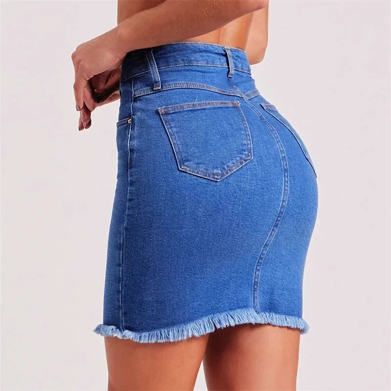 LVSANW Women Fashion Tassel Splicing Hem Denim Skirt Summer Slim Fit Wrap Hip Half-body Dress Female Daily Elegant Office Commuter Wear
