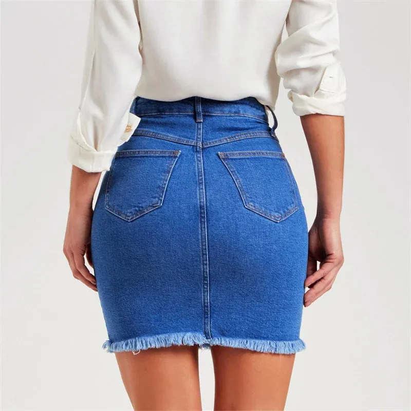 LVSANW Women Fashion Tassel Splicing Hem Denim Skirt Summer Slim Fit Wrap Hip Half-body Dress Female Daily Elegant Office Commuter Wear