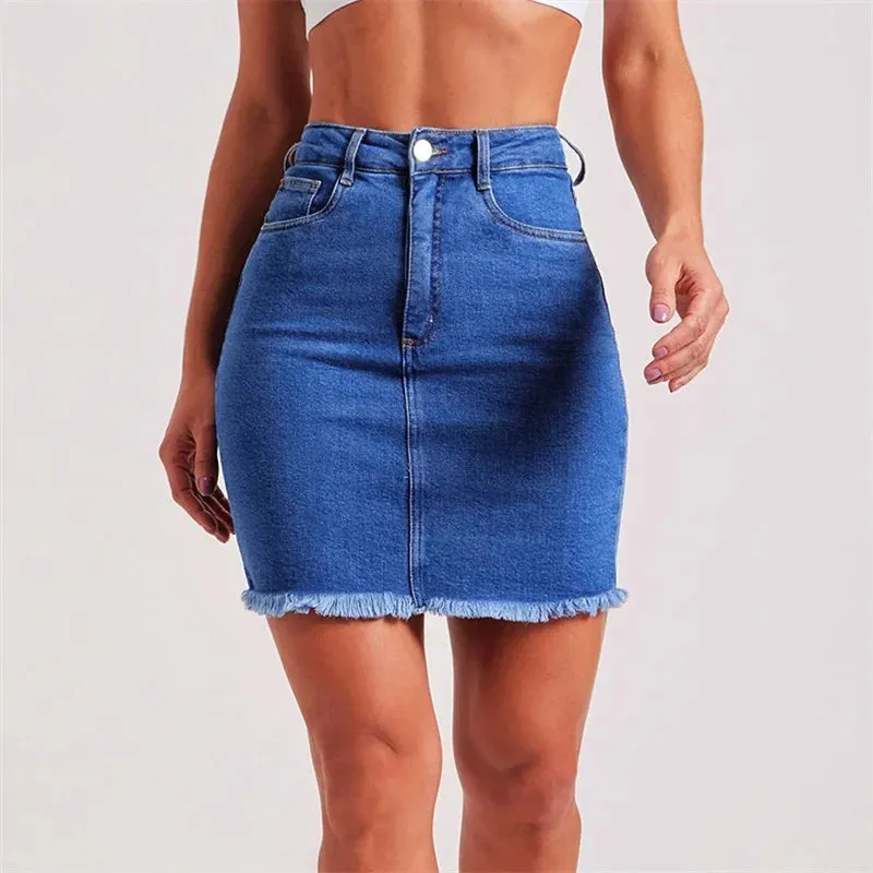 LVSANW Women Fashion Tassel Splicing Hem Denim Skirt Summer Slim Fit Wrap Hip Half-body Dress Female Daily Elegant Office Commuter Wear