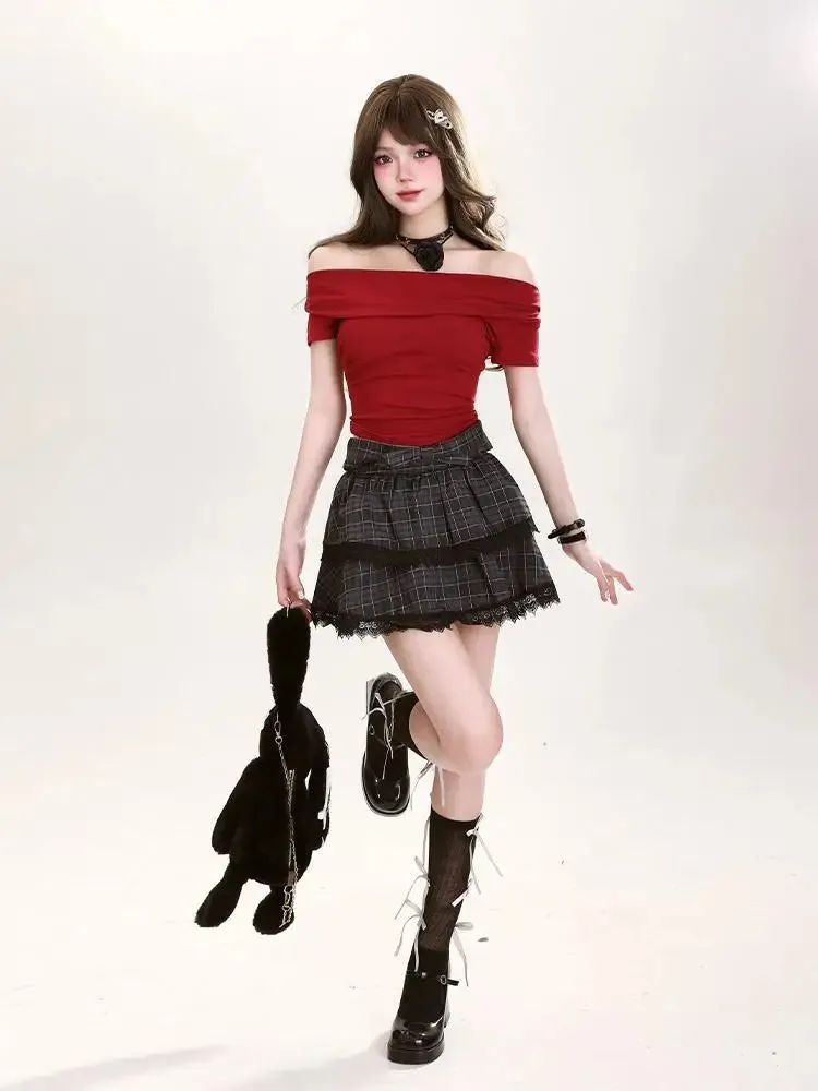 MQTIME  -  Plaid Mini Skirt Women Lace Patchwork High Wasit Ball Gown Skirts with Bow Korean Fashion Preppy Style Uniform Clothes
