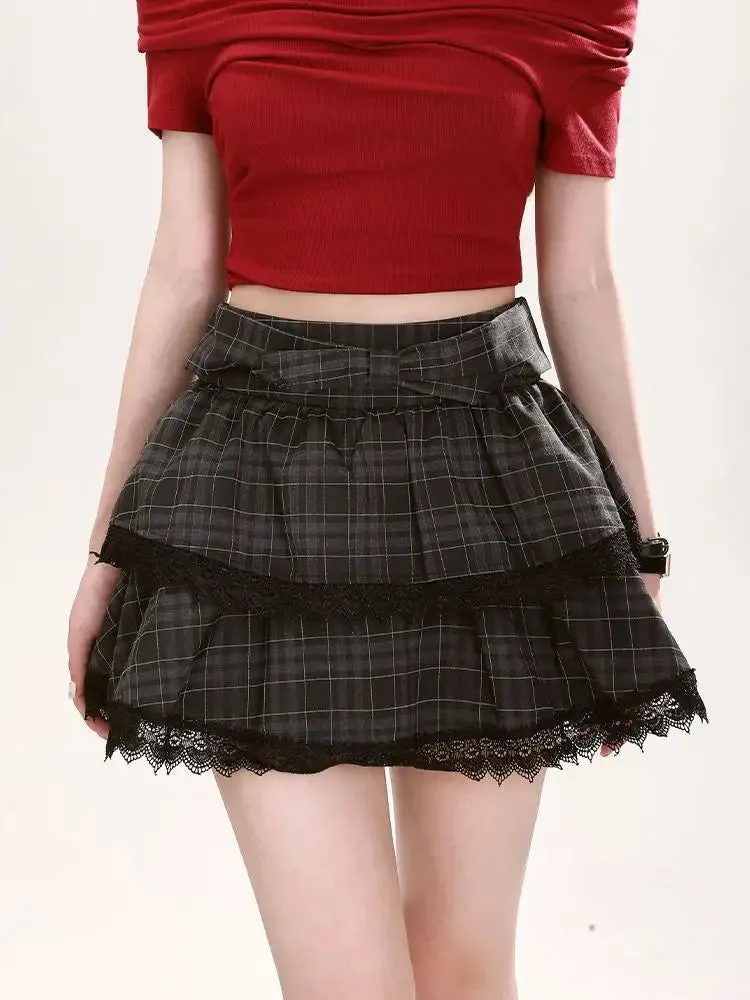 MQTIME  -  Plaid Mini Skirt Women Lace Patchwork High Wasit Ball Gown Skirts with Bow Korean Fashion Preppy Style Uniform Clothes