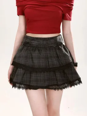 MQTIME  -  Plaid Mini Skirt Women Lace Patchwork High Wasit Ball Gown Skirts with Bow Korean Fashion Preppy Style Uniform Clothes