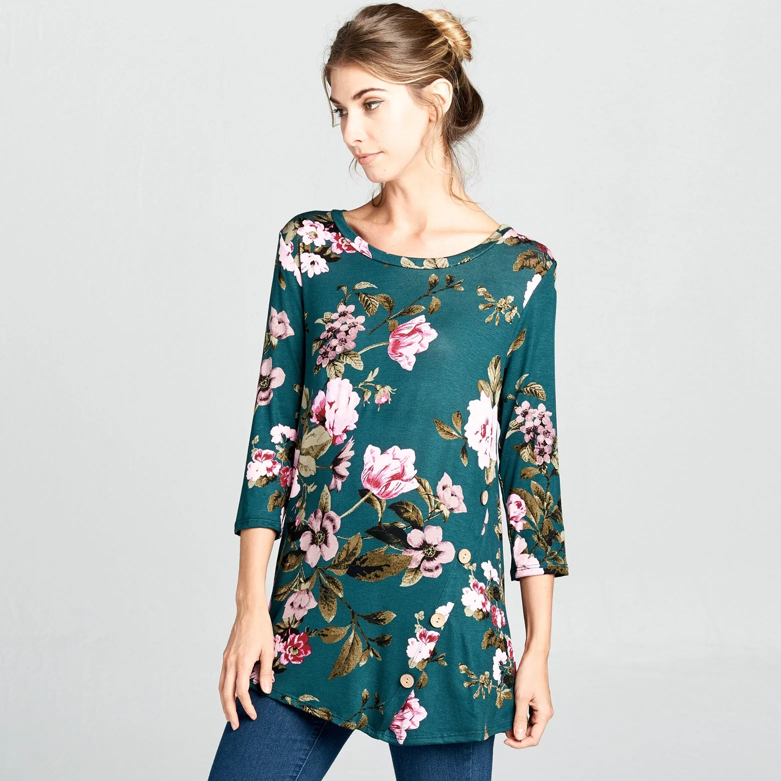 Natural Wood Button Floral Top