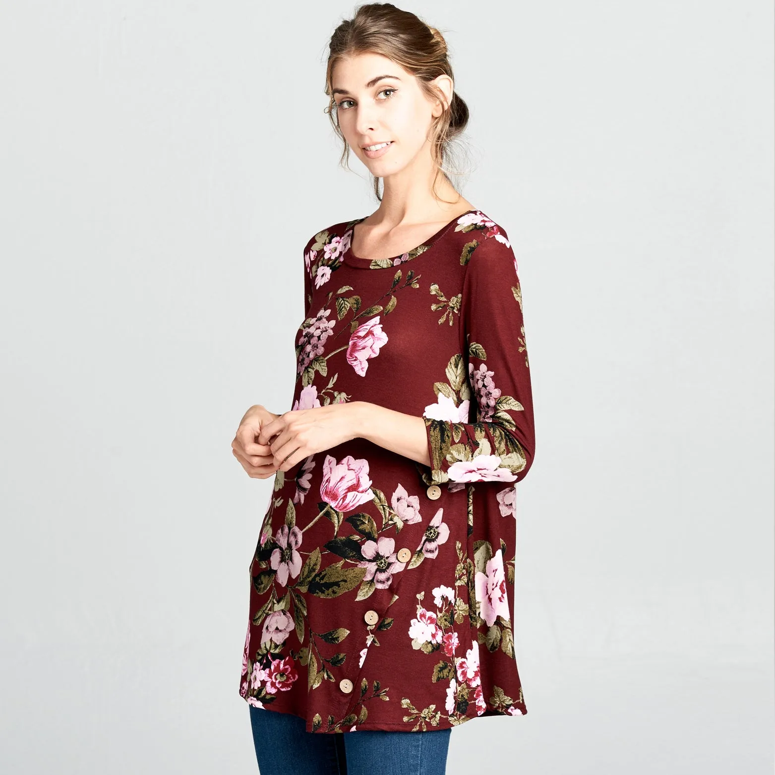 Natural Wood Button Floral Top