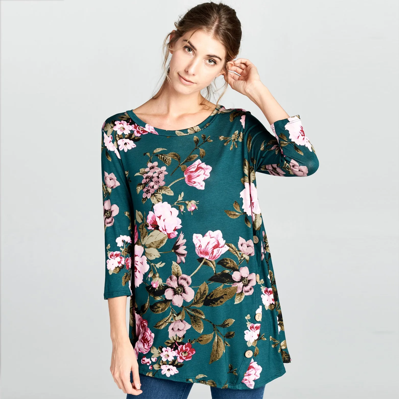 Natural Wood Button Floral Top