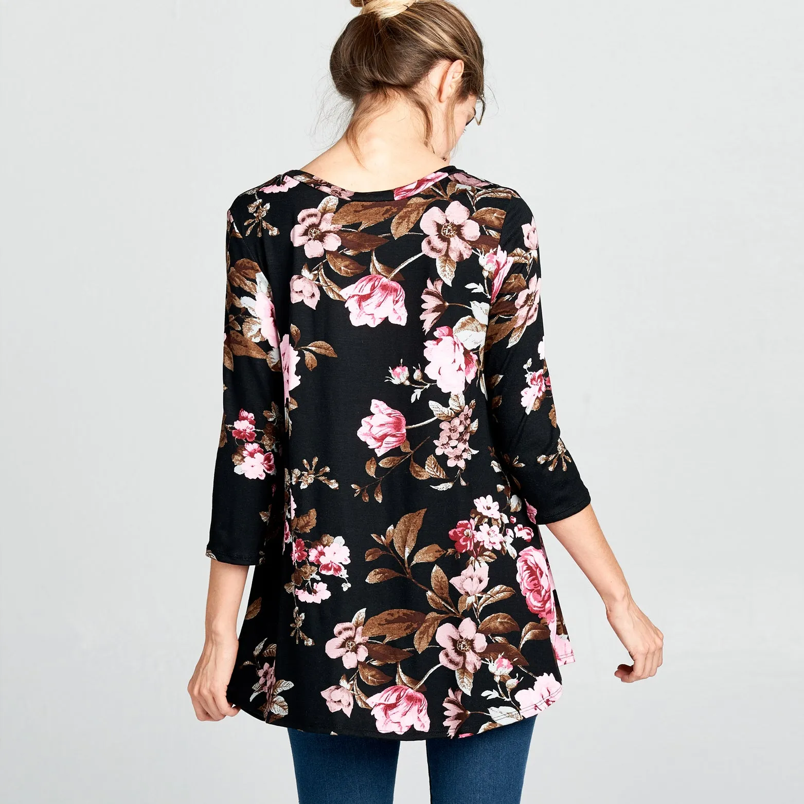 Natural Wood Button Floral Top