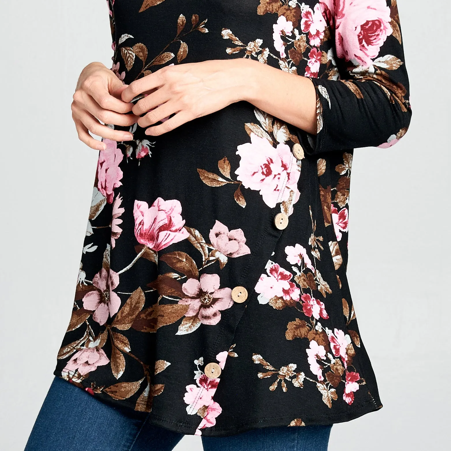 Natural Wood Button Floral Top
