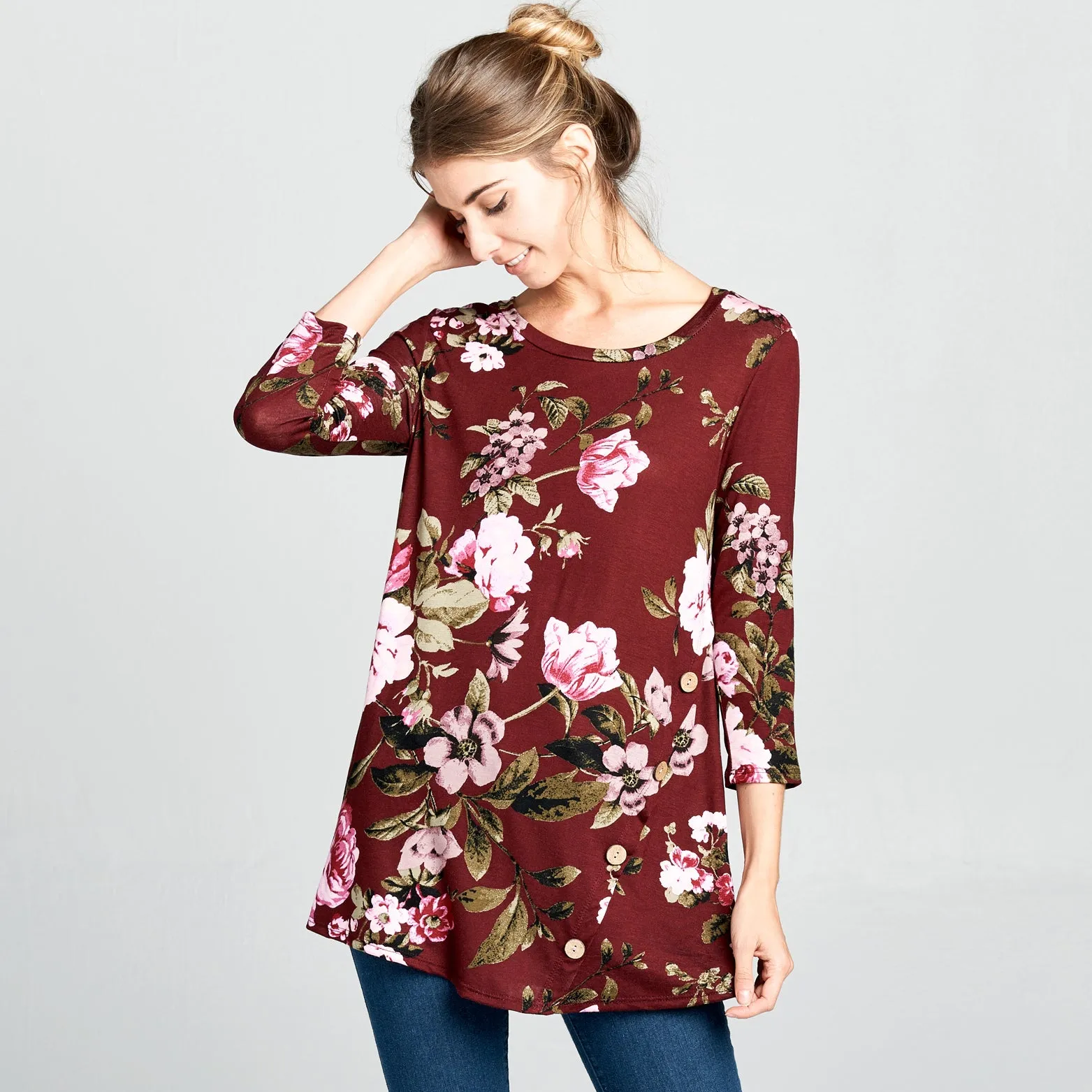 Natural Wood Button Floral Top