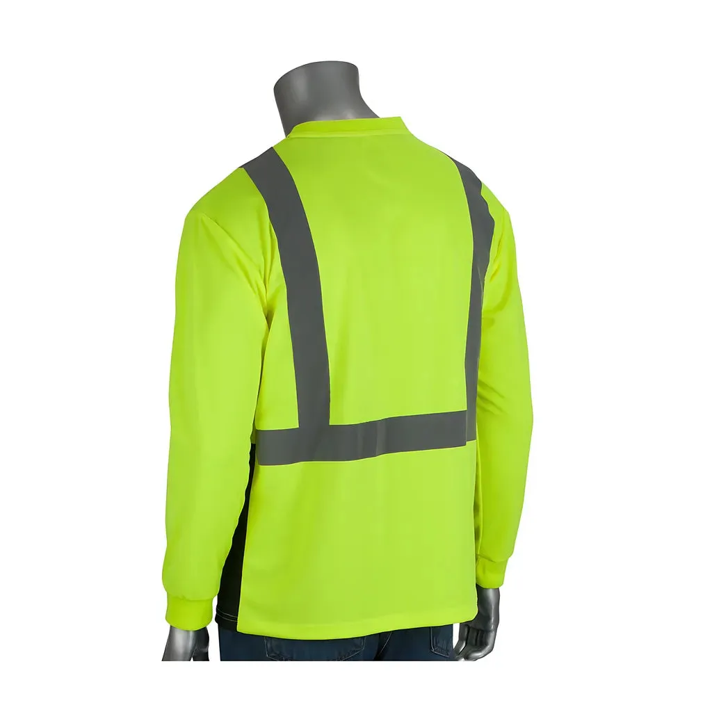 PIP 312-1350B-LY/6X ANSI Type R Class 2 Long Sleeve T-Shirt with 50  UPF Sun Protection and  Black Bottom Front