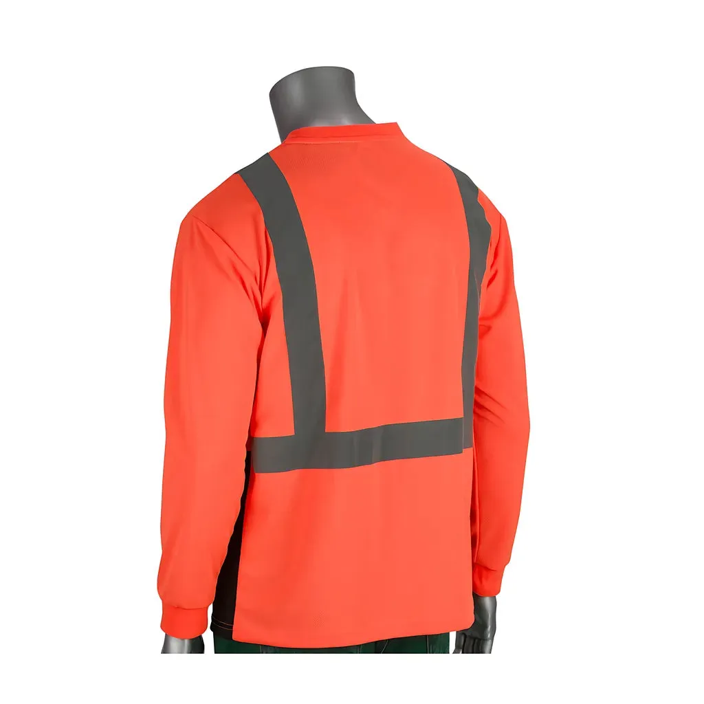 PIP 312-1350B-OR/XL ANSI Type R Class 2 Long Sleeve T-Shirt with 50  UPF Sun Protection and  Black Bottom Front