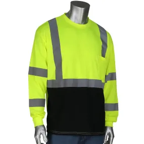 PIP 313-1390B-LY/2X ANSI Type R Class 3 Long Sleeve T-Shirt with 50  UPF Sun Protection and Black Bottom Front