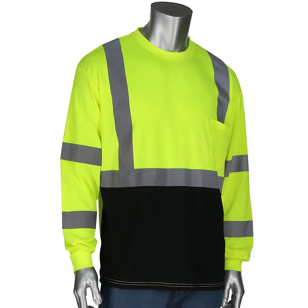 PIP 313-1390B-LY/2X ANSI Type R Class 3 Long Sleeve T-Shirt with 50  UPF Sun Protection and Black Bottom Front