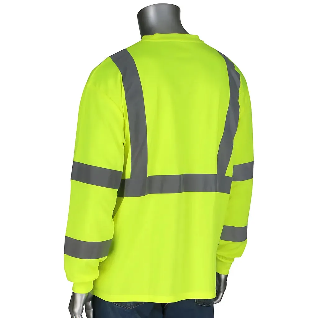 PIP 313-1390B-LY/2X ANSI Type R Class 3 Long Sleeve T-Shirt with 50  UPF Sun Protection and Black Bottom Front