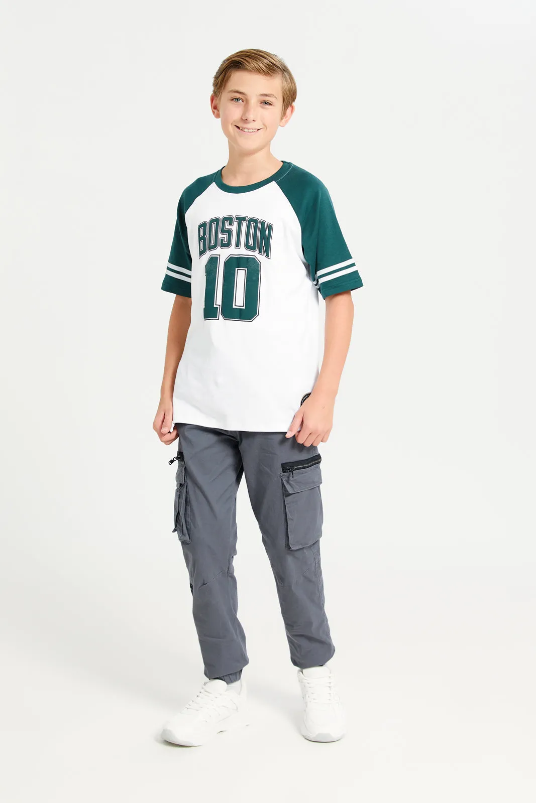 Senior Boys White And Green Boston Printed T-Shirt