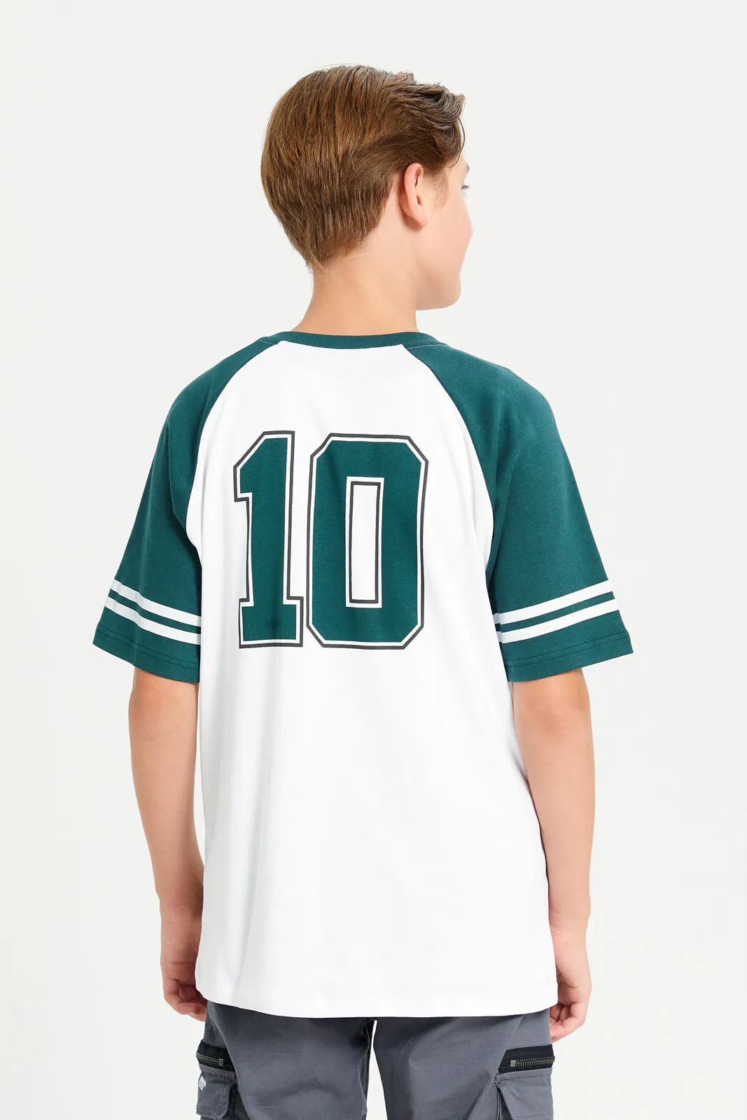 Senior Boys White And Green Boston Printed T-Shirt