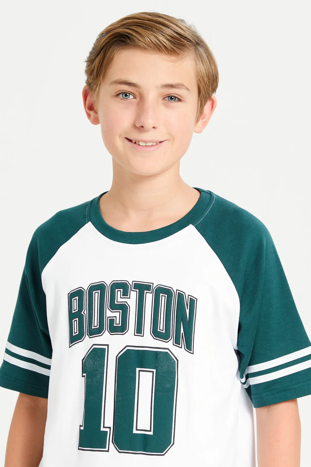 Senior Boys White And Green Boston Printed T-Shirt