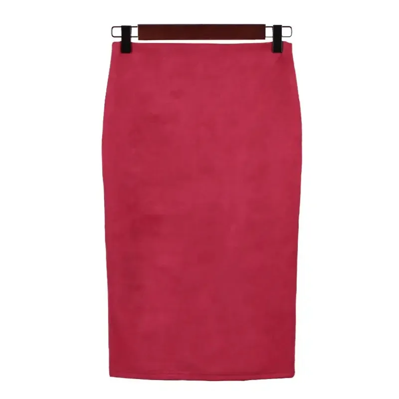 Sexy Multi Color Suede Midi Pencil Skirt Women 2024 Fashion Elastic High Waist Office Lady Bodycon Skirts Saias
