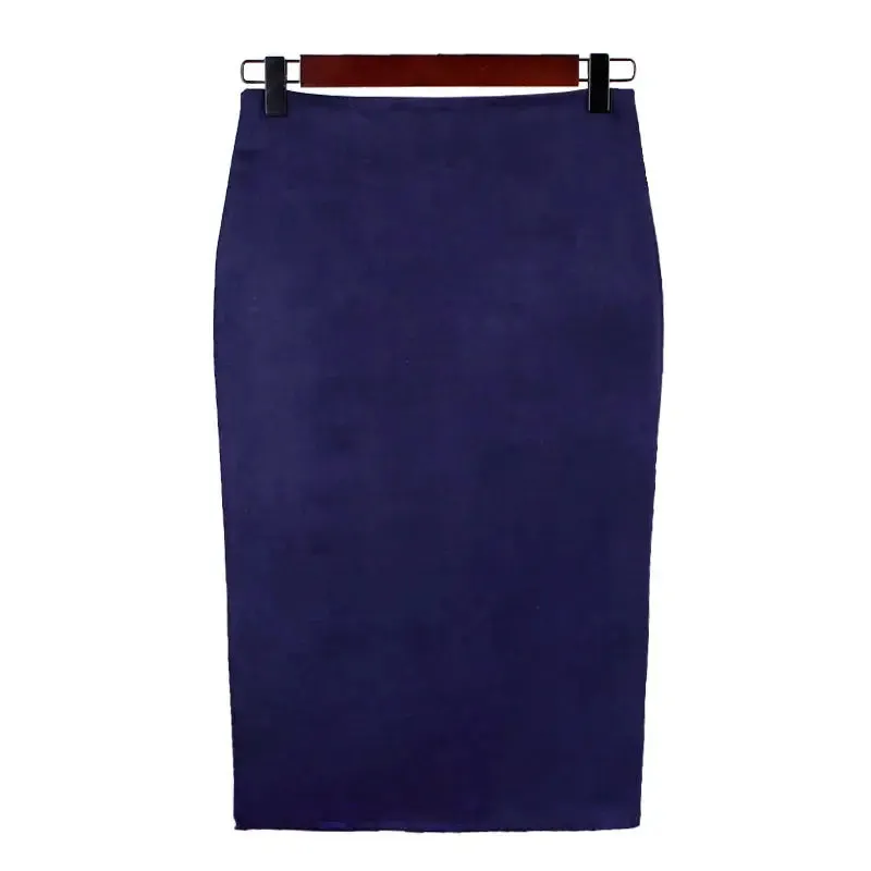 Sexy Multi Color Suede Midi Pencil Skirt Women 2024 Fashion Elastic High Waist Office Lady Bodycon Skirts Saias