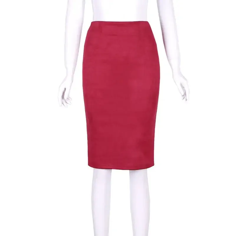 Sexy Multi Color Suede Midi Pencil Skirt Women 2024 Fashion Elastic High Waist Office Lady Bodycon Skirts Saias