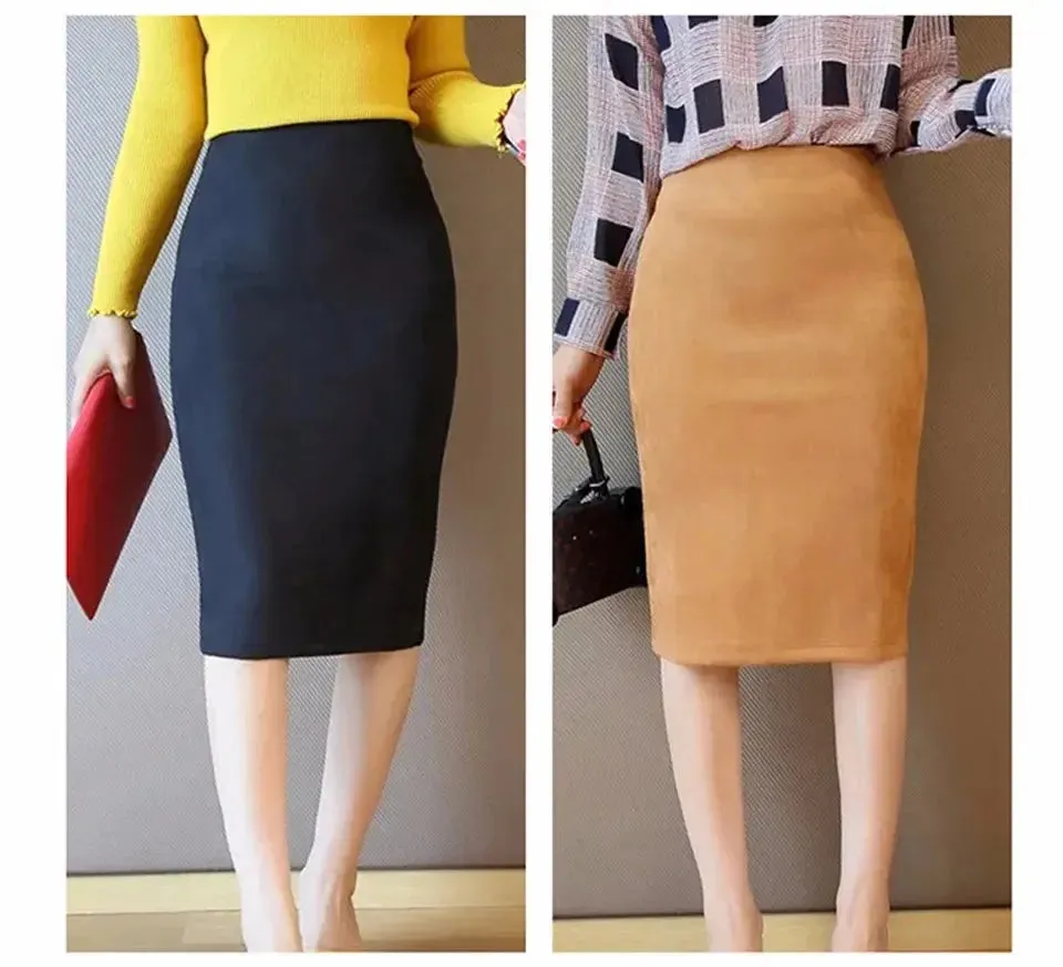 Sexy Multi Color Suede Midi Pencil Skirt Women 2024 Fashion Elastic High Waist Office Lady Bodycon Skirts Saias