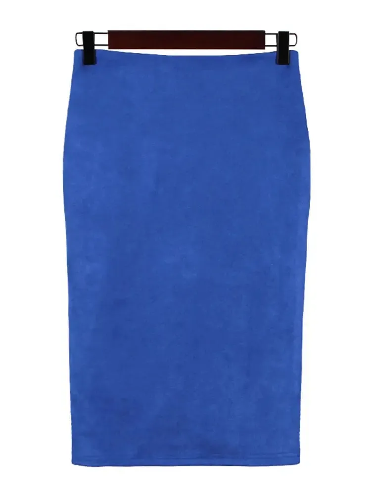 Sexy Multi Color Suede Midi Pencil Skirt Women 2024 Fashion Elastic High Waist Office Lady Bodycon Skirts Saias