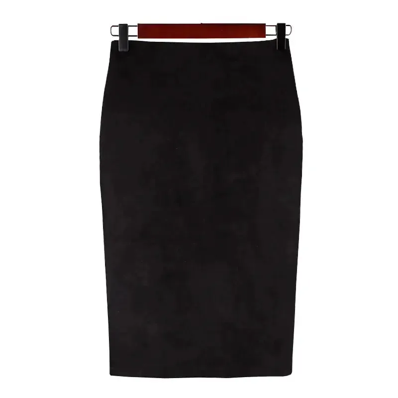 Sexy Multi Color Suede Midi Pencil Skirt Women 2024 Fashion Elastic High Waist Office Lady Bodycon Skirts Saias