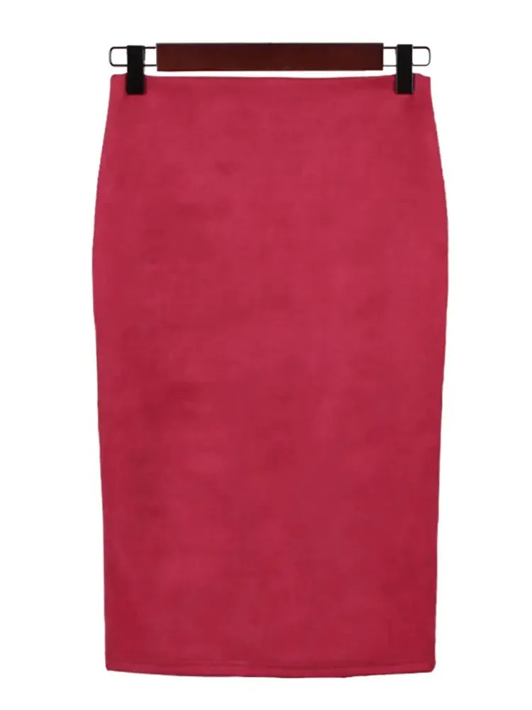 Sexy Multi Color Suede Midi Pencil Skirt Women 2024 Fashion Elastic High Waist Office Lady Bodycon Skirts Saias